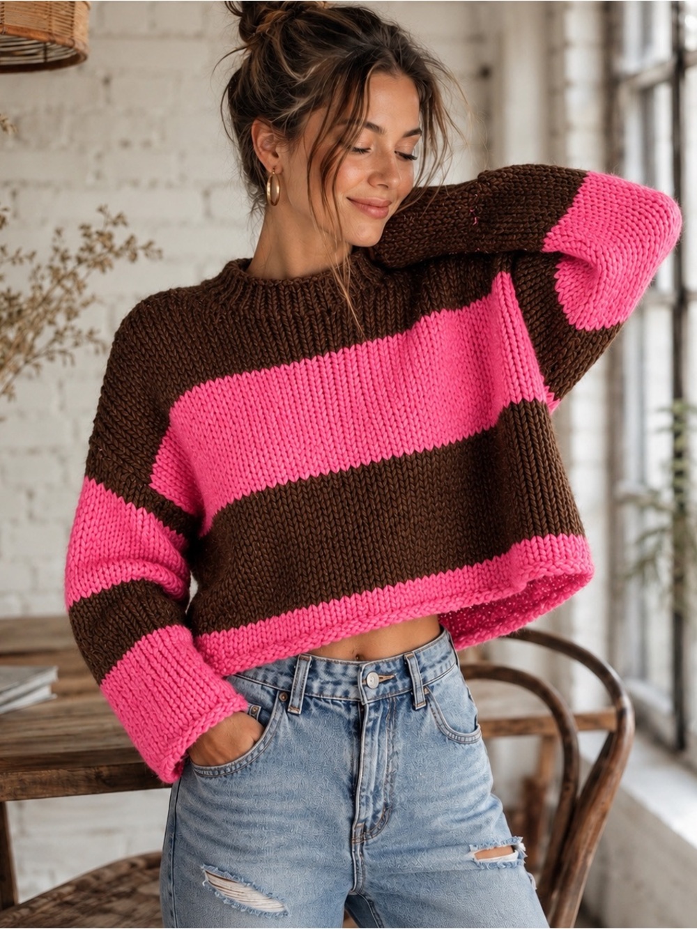Free People Opal Rugby Sweater Pink Combo Cropped Boxy Cotton Knit XS NWT $128